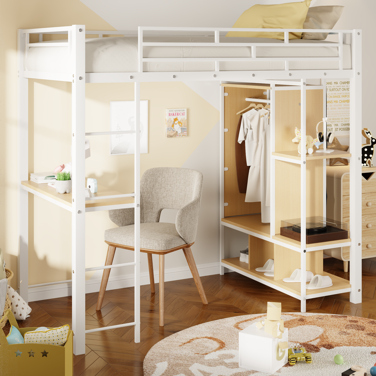 Twin Size Metal Loft Bed with Built-in Wardrobe, Desk and Shelves, White