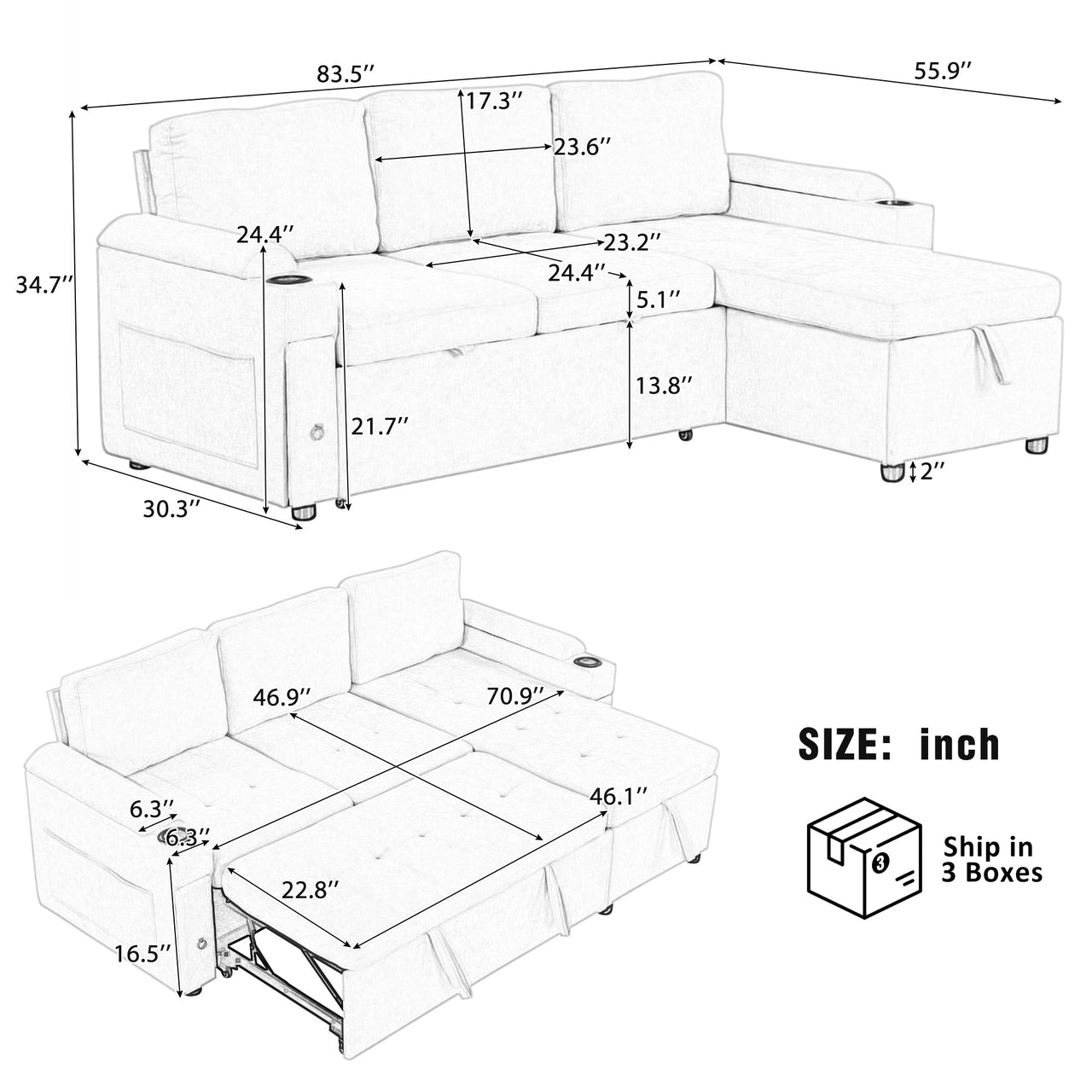 TRAVIXA 84" Sectional Sofa