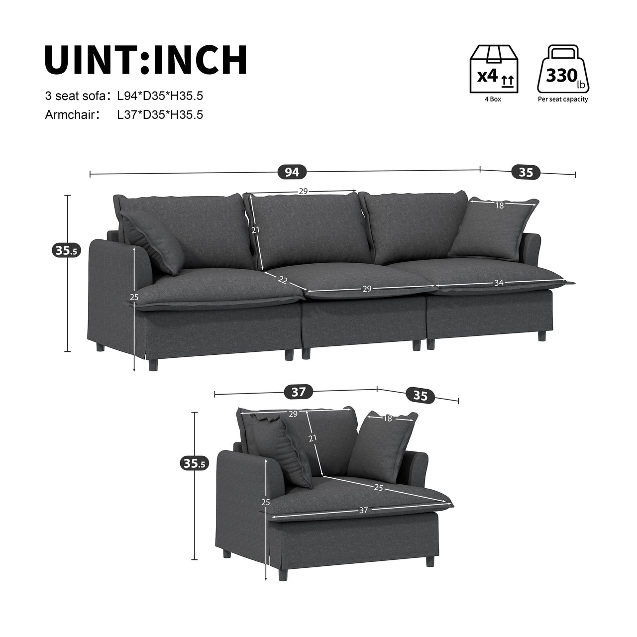 SYNOVI 94" Sectional Sofa 4-Seats