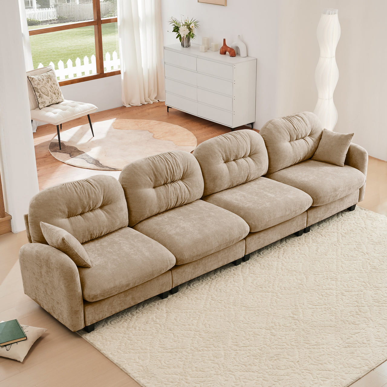 Nuvia Sofa Ama Four-Seater Modular Sectional Couch,Premium Chenille Fabric,With 2 Throw Pillows,Tufted Cushion Backrest Design,High-Density Foam Easy Install,Fits Bedrooms,Living Rooms, Reading Nooks,Camel