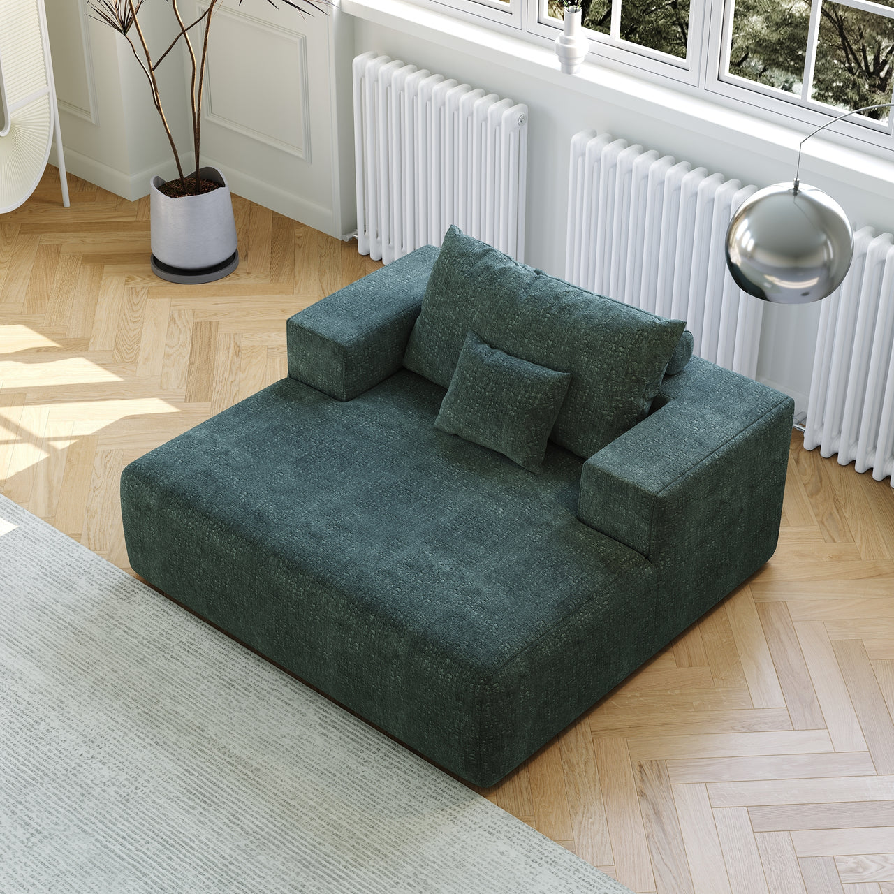 Black/charcoal modular sofa with two rectangular armrests and two back cushions
