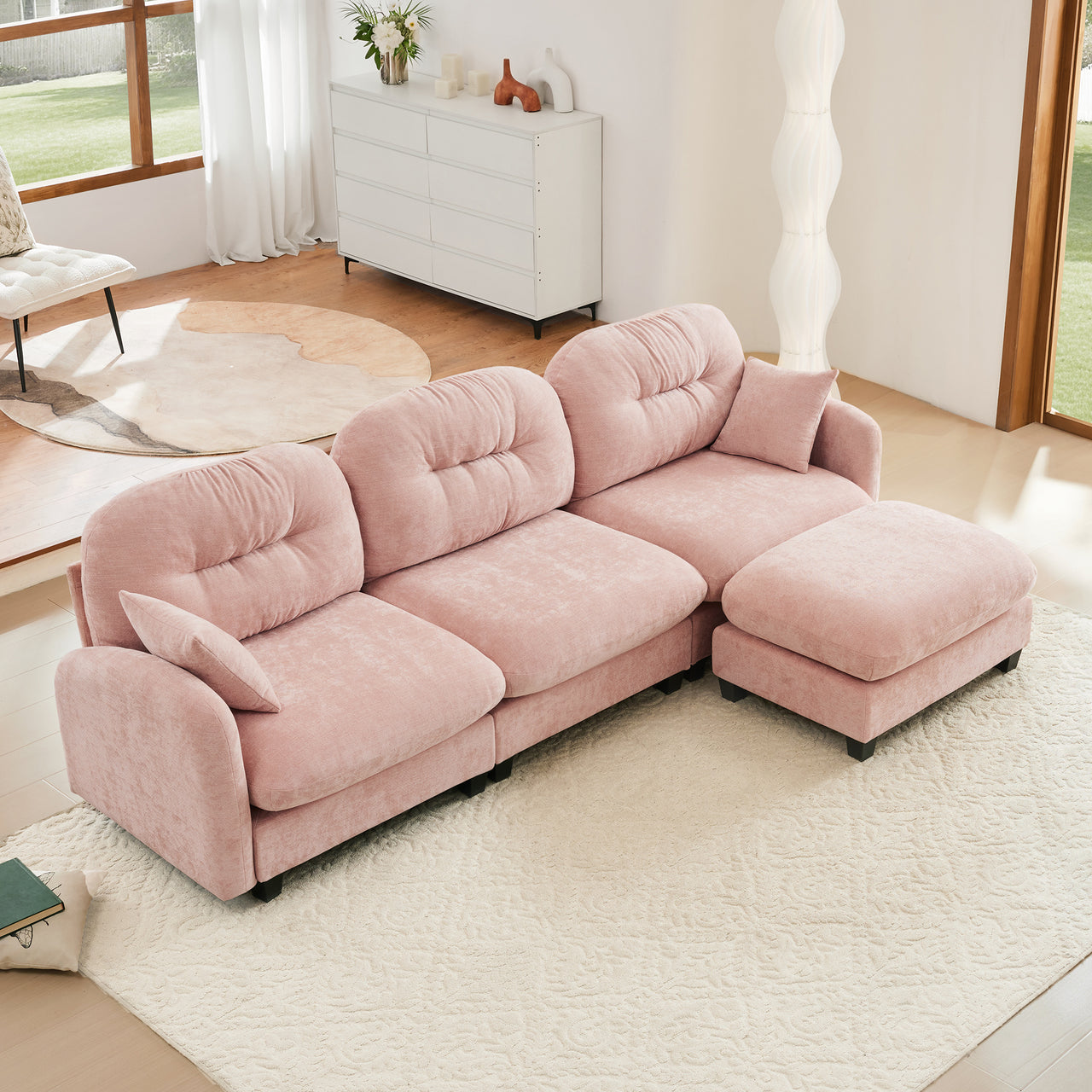 Nuvia Sofa Ama Modular Sectional L Shaped Couch With Ottoman, Premium Chenille Fabric,Tufted Cushion Backrest Design,Ergonomic Design  Easy Install,Fits Bedrooms,Living Rooms Reading Nooks,Pink