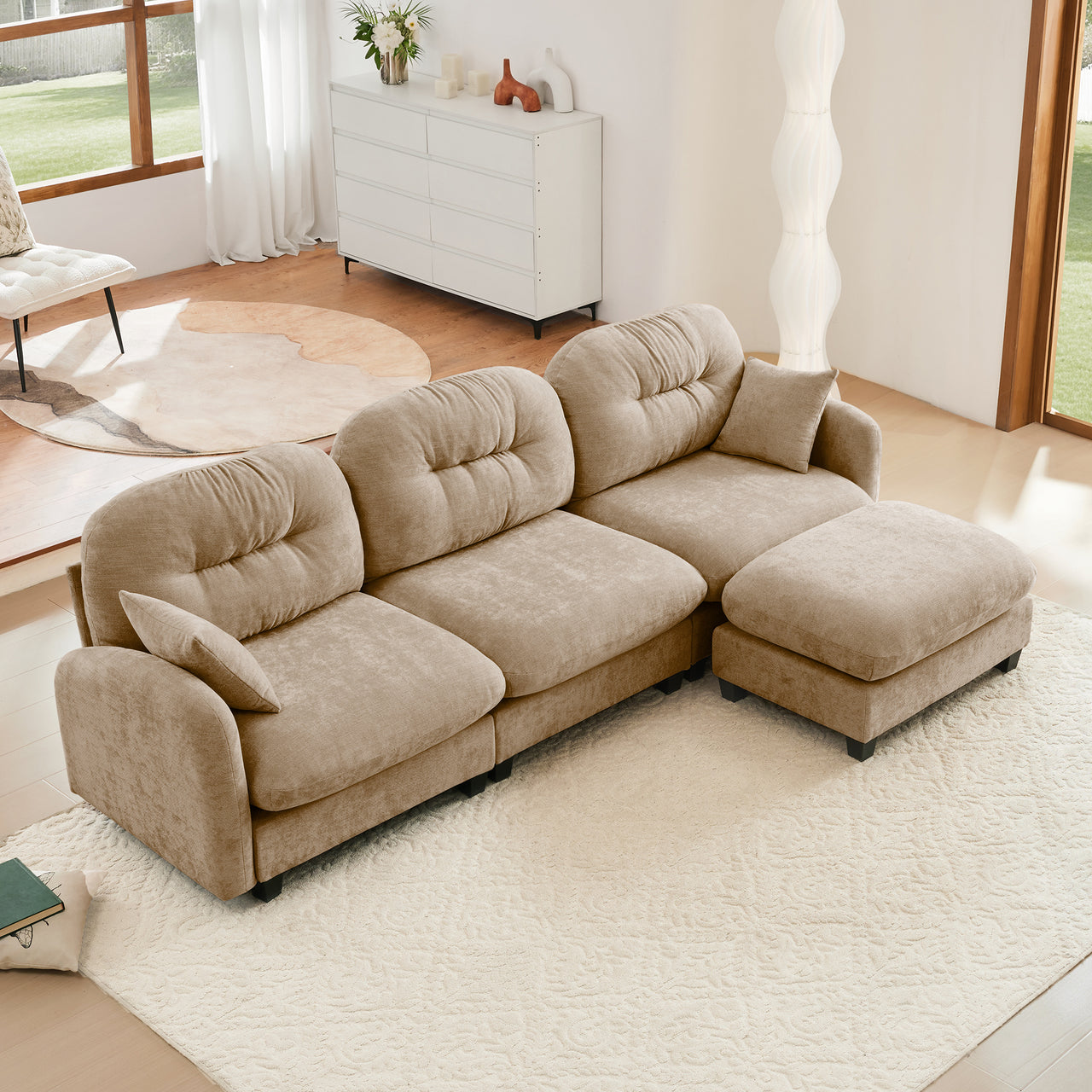 Nuvia Sofa Ama Modular Sectional L Shaped Couch With Ottoman, Premium Chenille Fabric,Tufted Cushion Backrest Design,Ergonomic Design  Easy Install,Fits Bedrooms, Living Rooms Reading Nooks,Camel