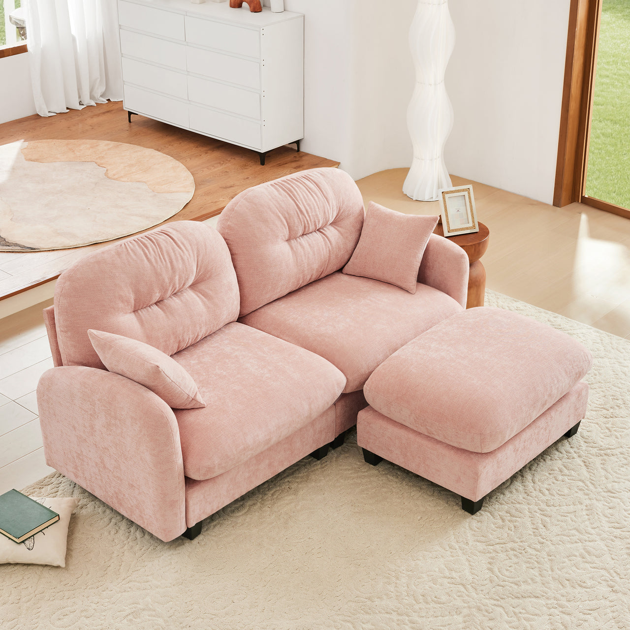 Nuvia Sofa Ama Cloud Sectional L-Shaped Couch With Ottoman,Soft Chenille Fabric,Tufted Cushion Backrest Design High-Density Foam,Fits Bedrooms Living Rooms Reading Nooks,Pink