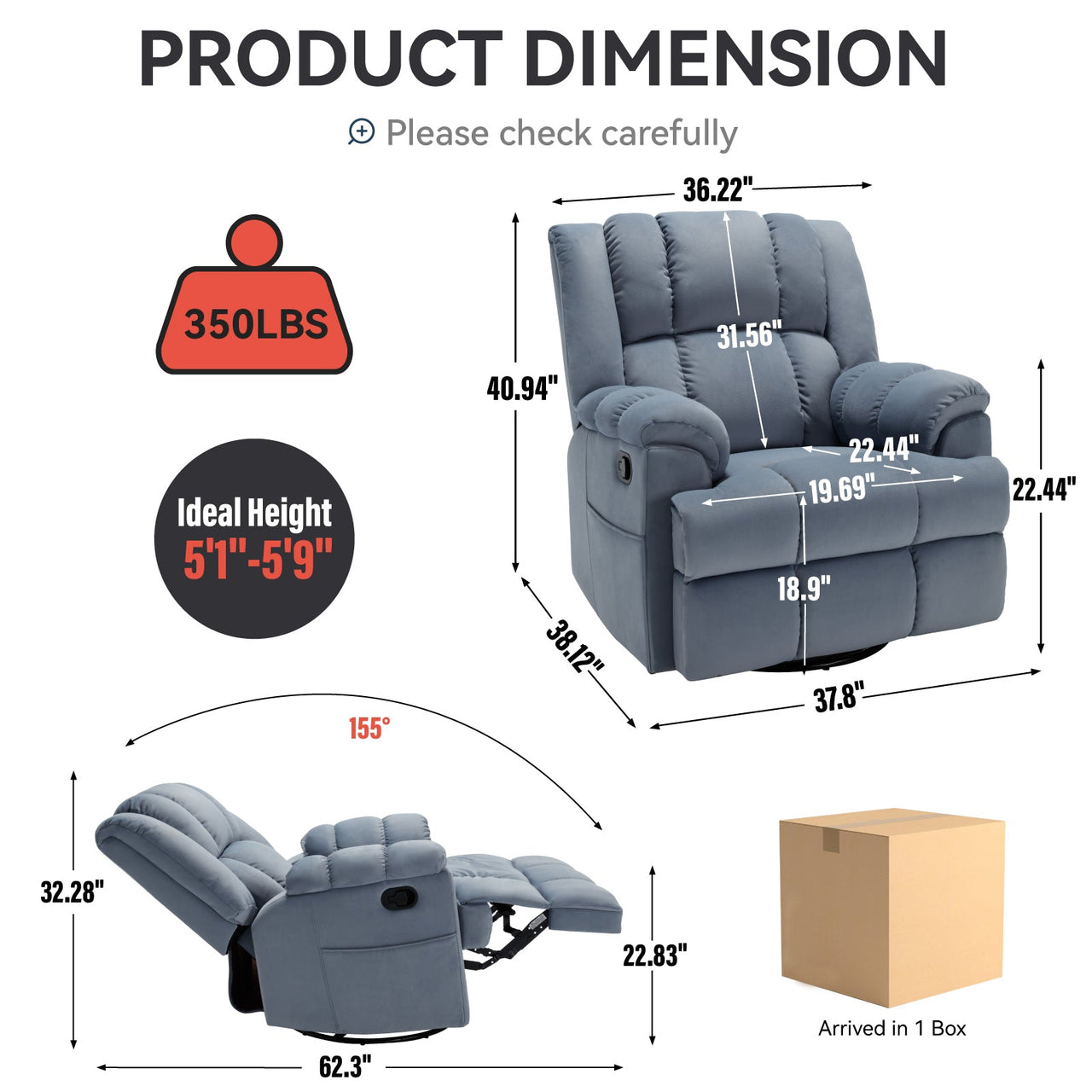 ZENQUORA 38" Swivel Rocking Recliner Chair