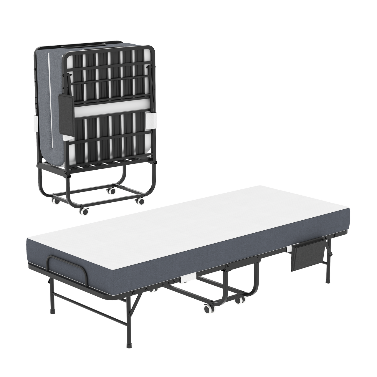 75 Inch Folding Bed with 5' Memory Foam Mattress, Black Metal Frame on Wheels, Portable Twin Bed for Adults & Guests