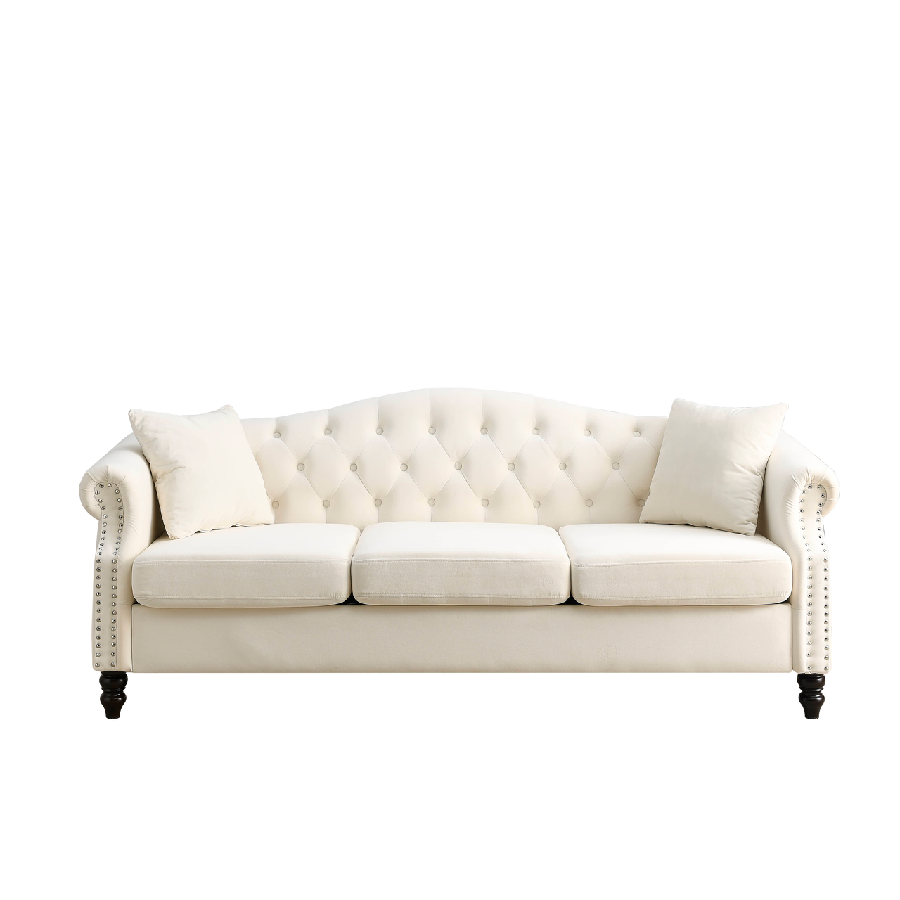 [Video] Sofá Chesterfield de 79" en terciopelo beige para sala de estar, sofá de 3 plazas con mechones capitoné con brazos enrollados y tachuelas para sala de estar, dormitorio, oficina, apartamento, dos almohadas