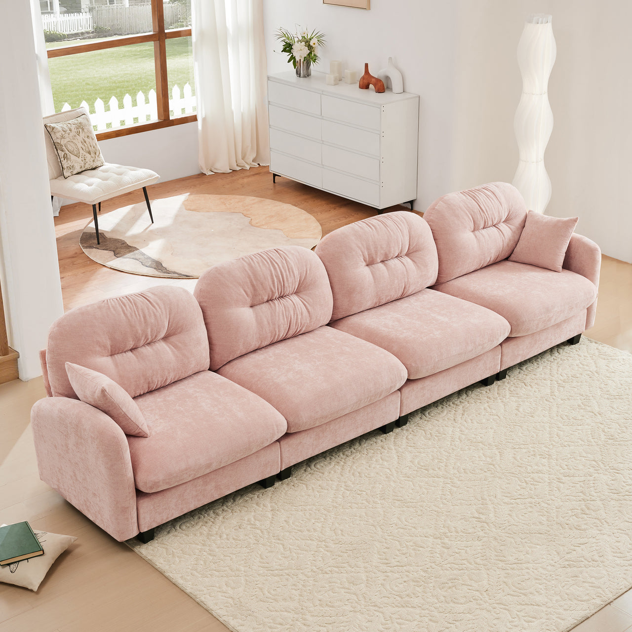 Nuvia Sofa Ama Four-Seater Modular Sectional Couch,Premium Chenille Fabric,With 2 Throw Pillows,Tufted Cushion Backrest Design,High-Density Foam Easy Install,Fits Bedrooms,Living Rooms,Reading Nooks,Pink