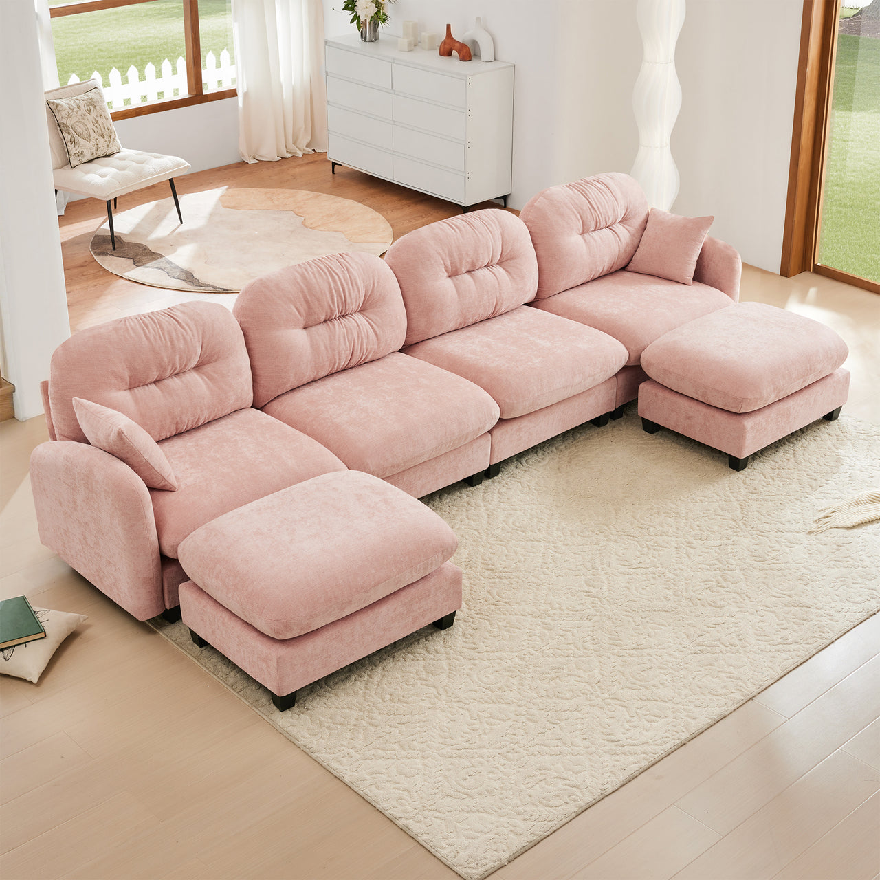 Nuvia Sofa Ama Modular Sectional U Shaped Couch With Ottoman,Soft Chenille Fabric Tufted Cushion Backrest Design,High-Density Foam Ergonomic design,Elegant Armrests,Easy Install Fits Bedrooms Living Rooms,Pink