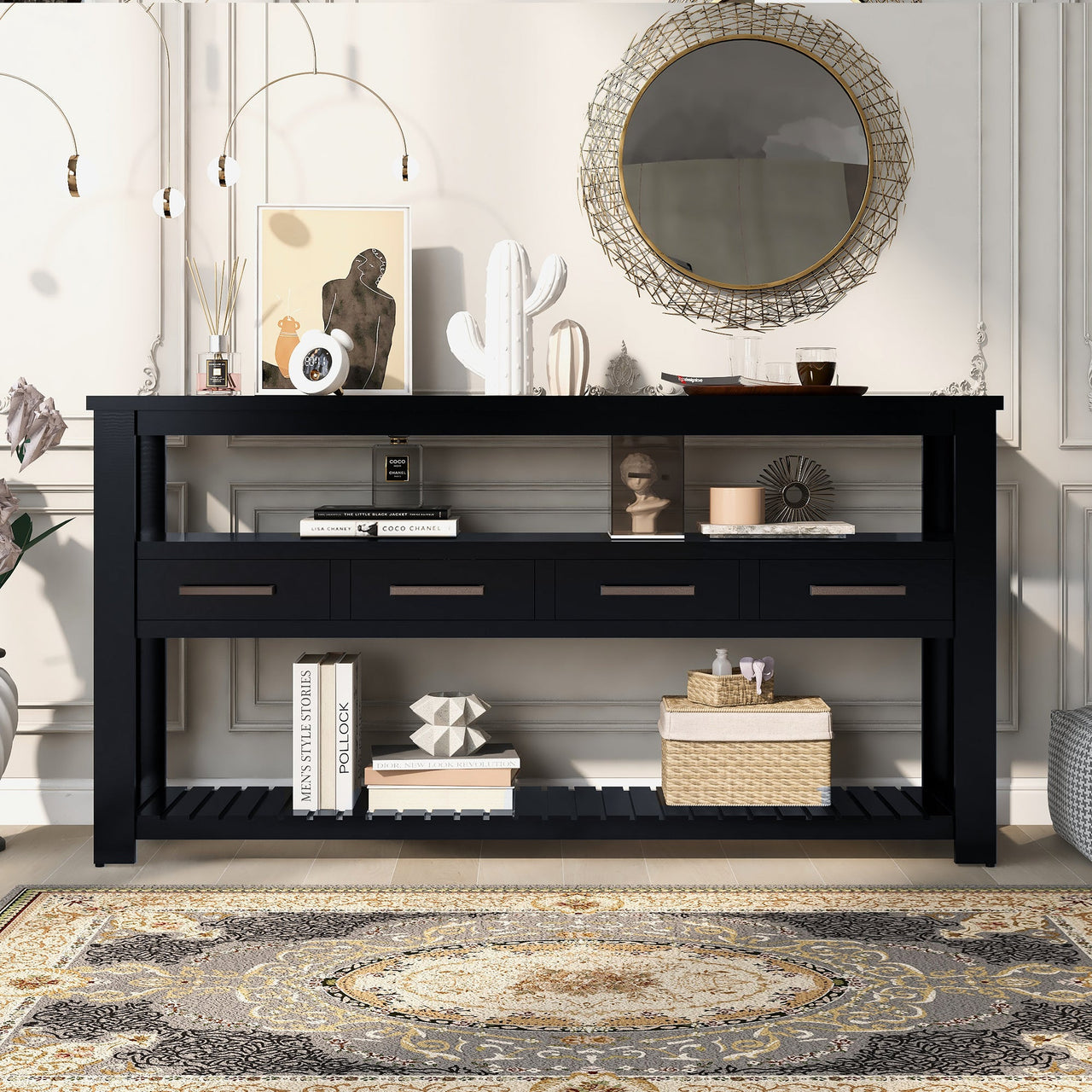 U_STYLE Modern Console Table Sofa Table for Living Room with 4 Drawers and 2 Shelves