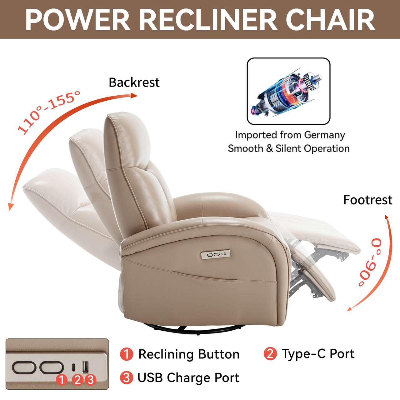 JORVEXIS 37" Swivel Rocking Recliner Chair