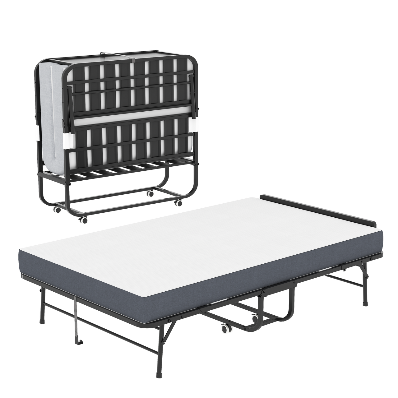 Black Folding Bed with Adjustable Headboard, 75'x46' Extra Long Twin Cot with 5' Memory Foam Mattress, Heavy-Duty Metal Frame on Wheels