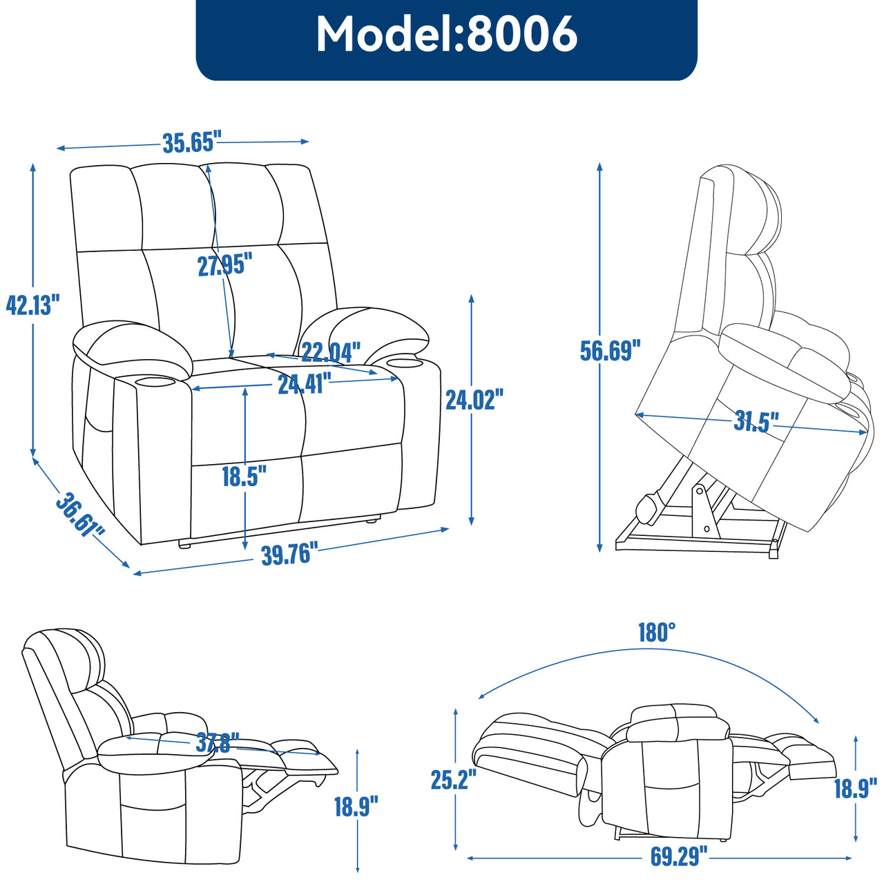 COZYLift 40" Recliner with Heat Massage - 8006