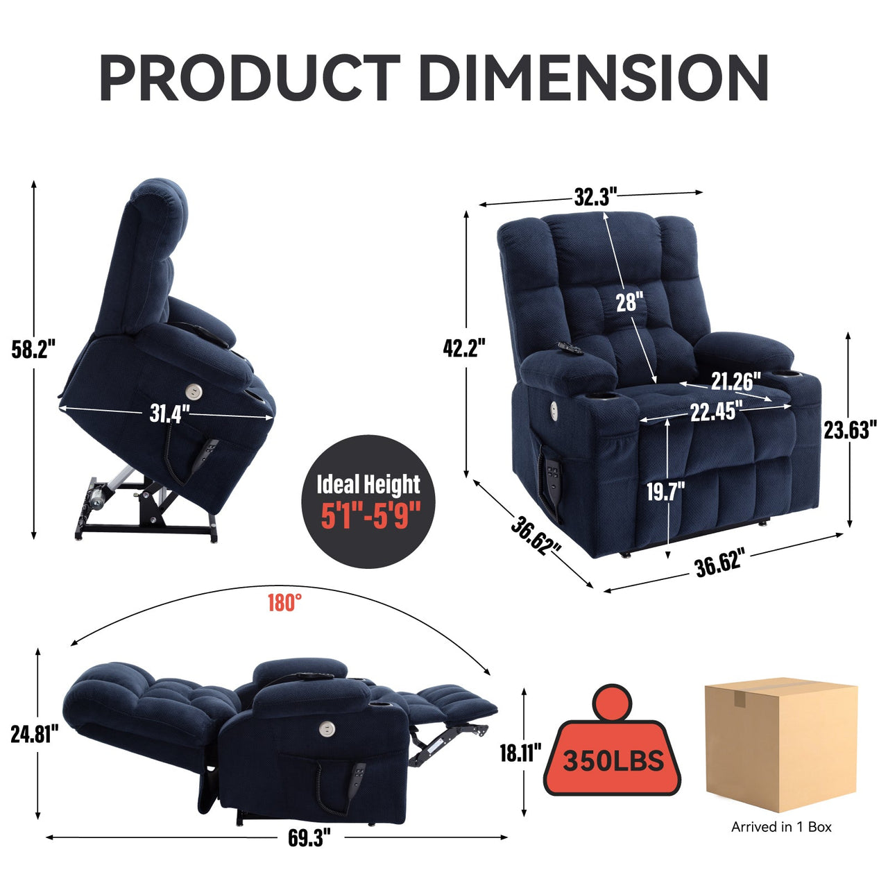 COZYLift 37" Recliner with Heat Massage - 8013