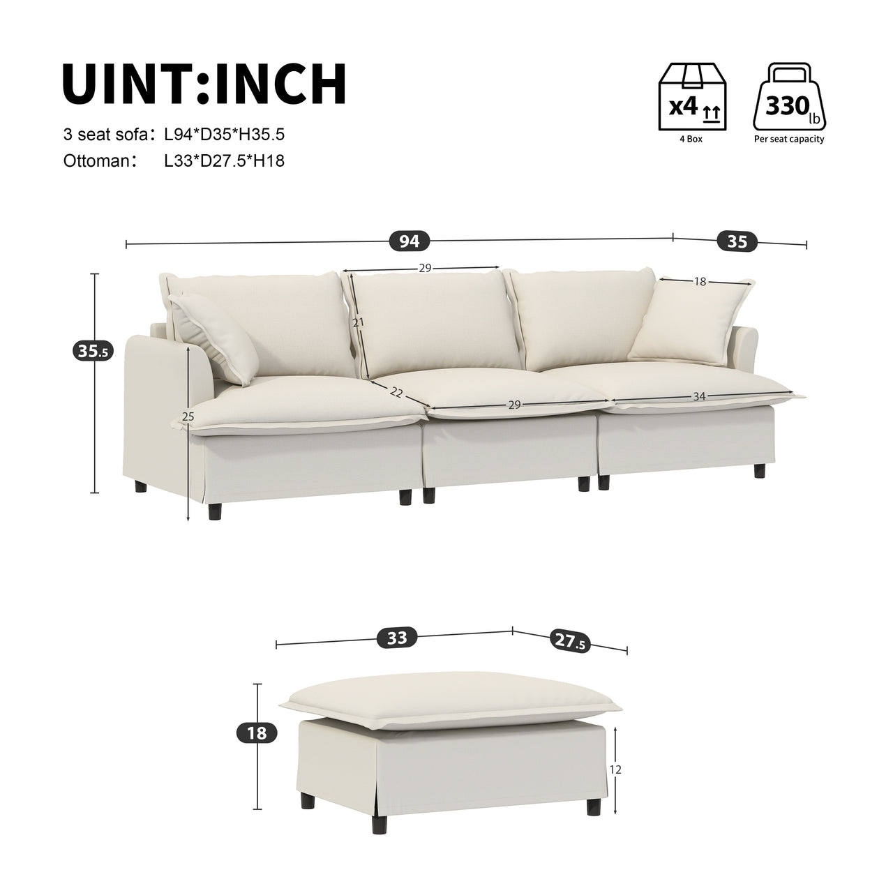 SYNOVI 94" Sectional Sofa 3-Seat & 1-ottoman