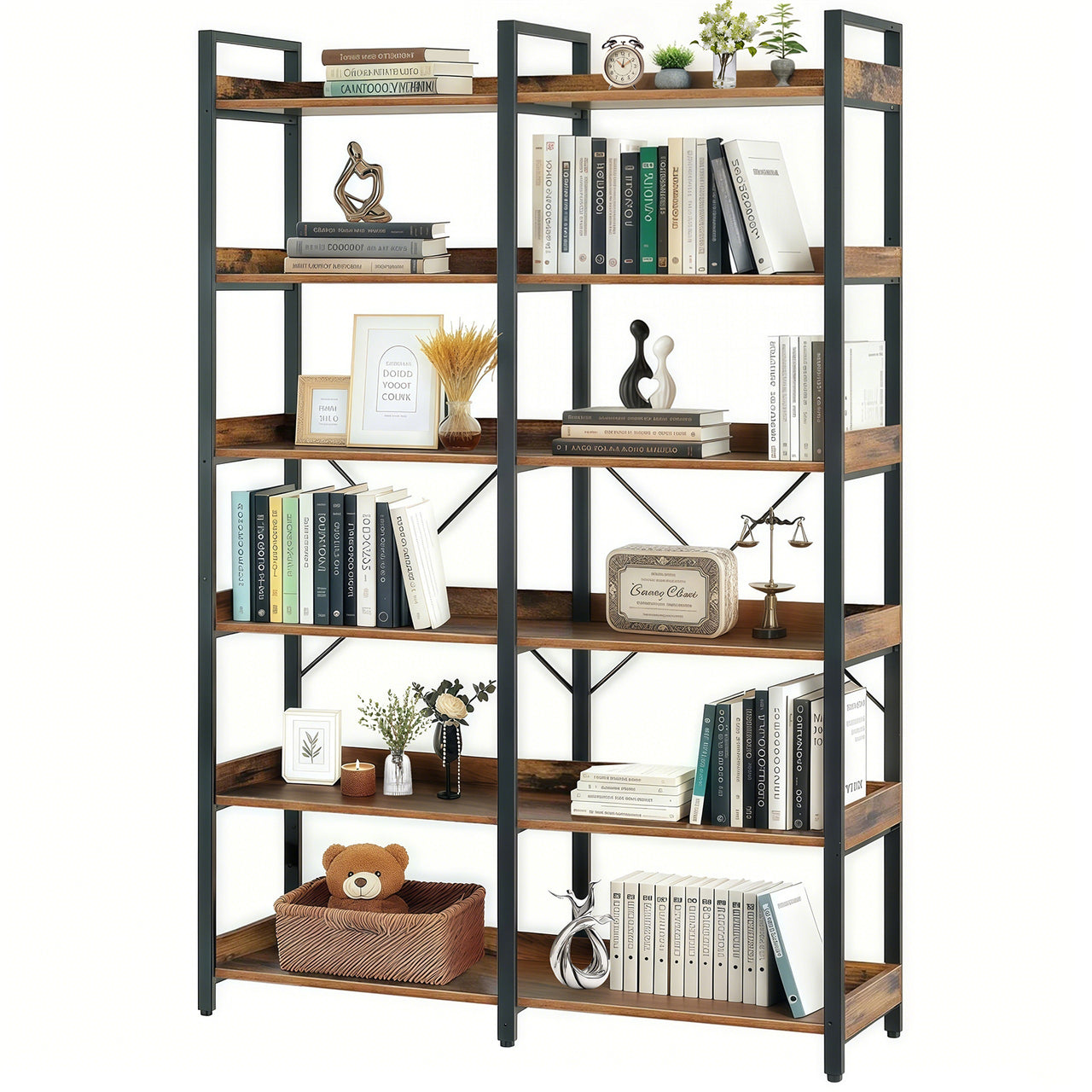 6-Tier Industrial Bookshelf, 67' Wooden Bookshelf with Open Shelves, Freestanding Metal Frame Bookcase for Storage and Display, Modern Book Shelves for Bedroom, Living Room and Home Office, Brown