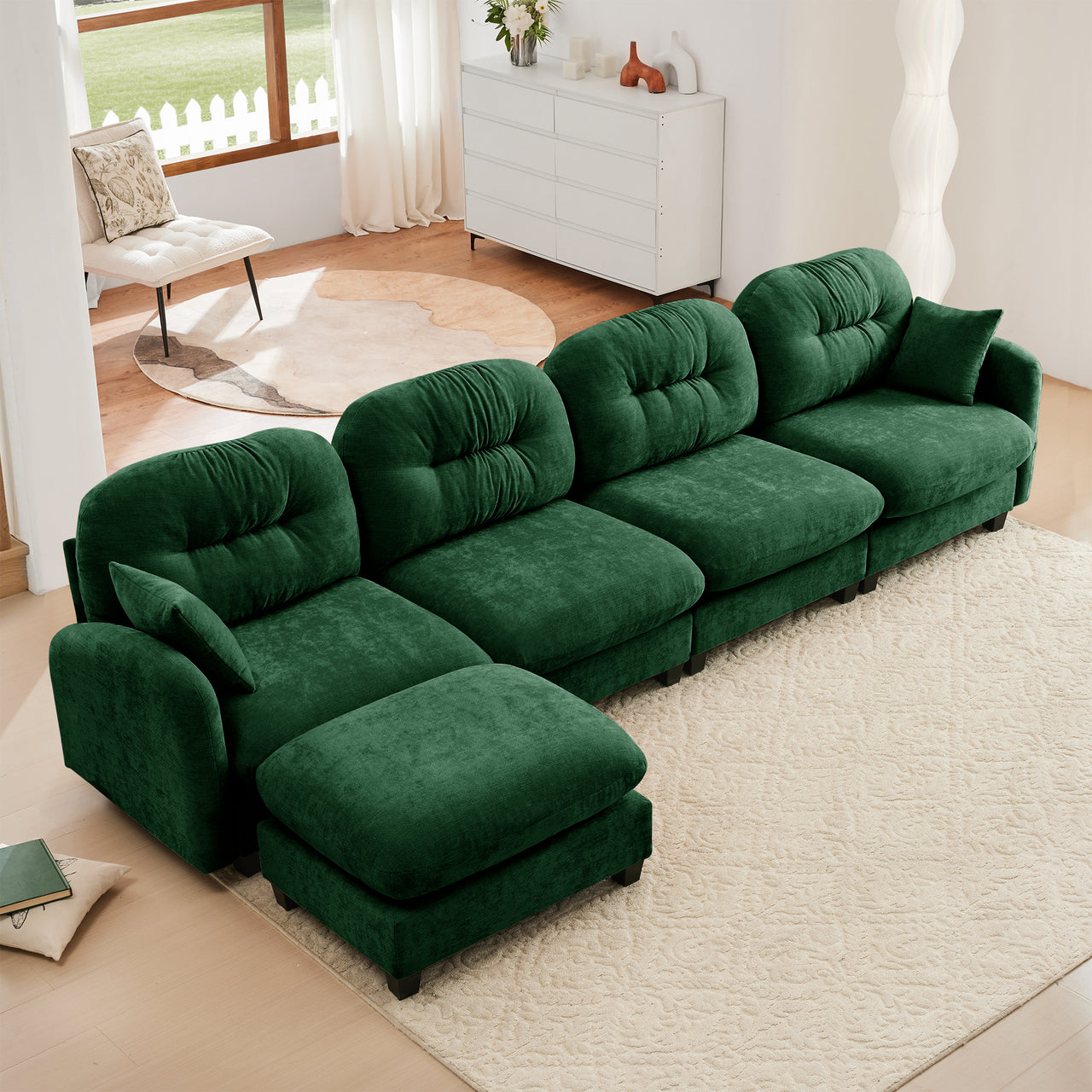 Nuvia Sofa Ama Modular Sectional L Shaped Couch With Ottoman,Soft Chenille Fabric,Ergonomic Design,Tufted Cushion Backrest Design,High Quality Wooden Base Easy Install,Fits Bedrooms Living Rooms Reading Nooks,Green