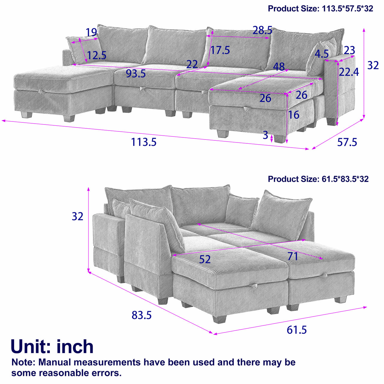 HARLOW 114" Corduroy Sofa w/ Storage