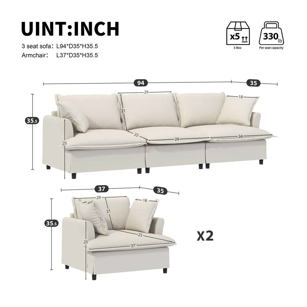 XEVION 94" Sectional Sofa 5-Seat