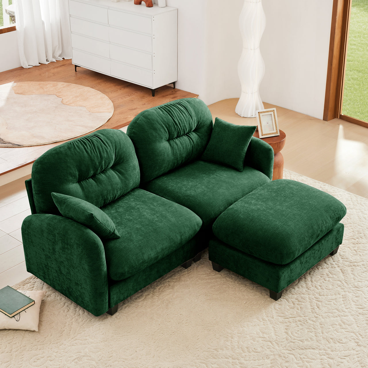 Nuvia Sofa Ama Cloud Sectional L-Shaped Couch With Ottoman,Soft Chenille Fabric,Tufted Cushion Backrest Design High-Density Foam,Fits Bedrooms Living Rooms Reading Nooks,Green