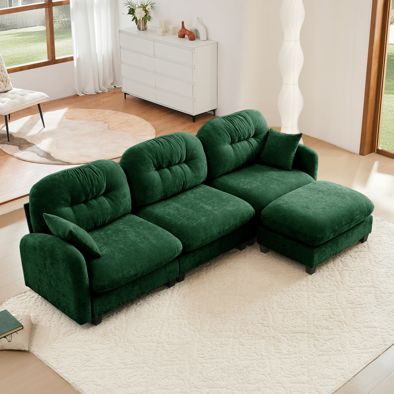 Nuvia Sofa Ama Modular Sectional L Shaped Couch With Ottoman, Premium Chenille Fabric,Tufted Cushion Backrest Design,Ergonomic Design  Easy Install,Fits Bedrooms, Living Rooms Reading Nooks,Green