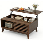 Lift Top Coffee Table with Storage, Mid Century Modern Coffee Table with Slatted Sliding Door and Hidden Compartment, 35.4'' Coffee Table with Lifting Top, Coffee Tables for Living Room, Walnut