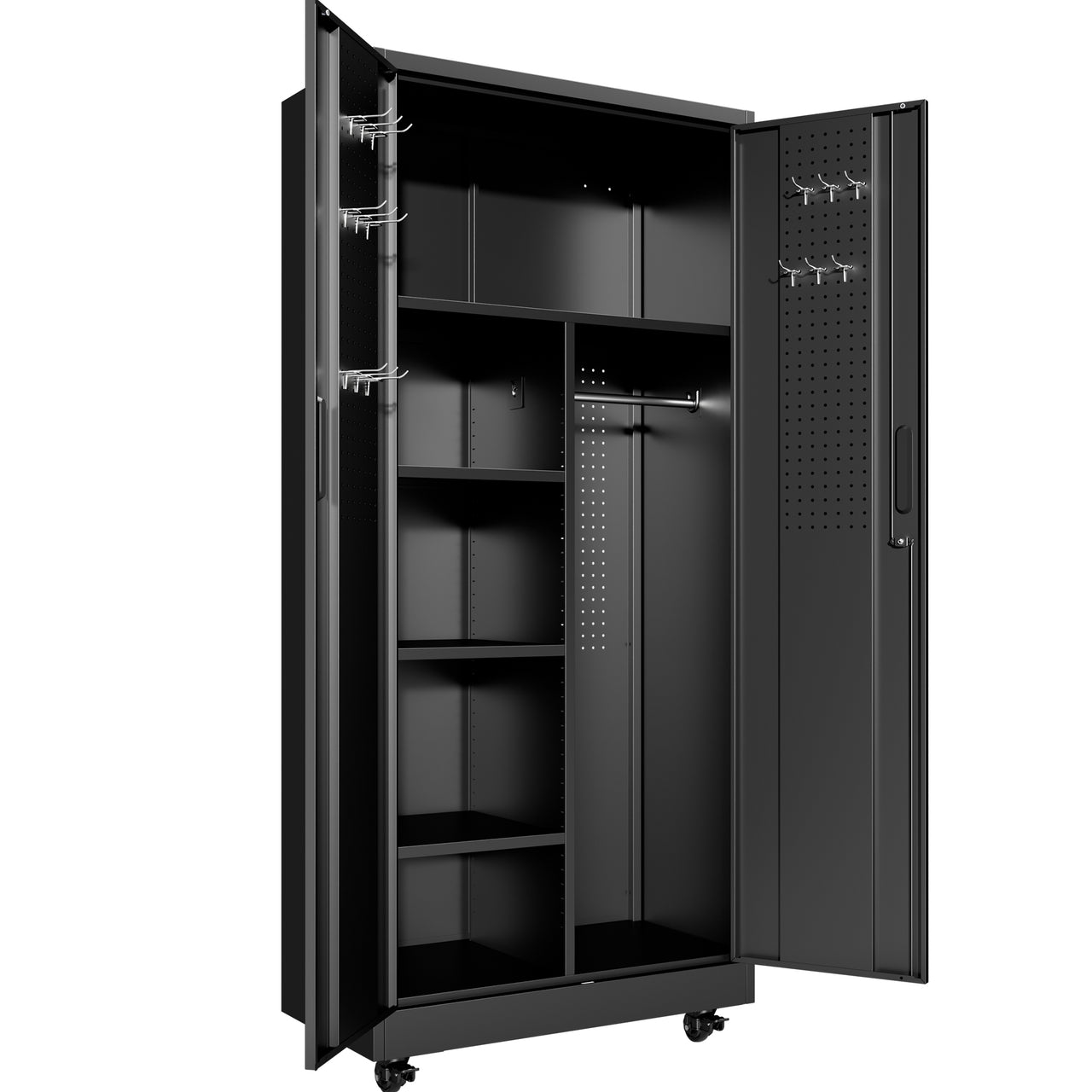 Rolling Metal Storage Locker Cabinet with Lockable Doors - 71' Freestanding Steel Wardrobe for Home, Office, School, Employee, Gym & Fire Department (Black)
