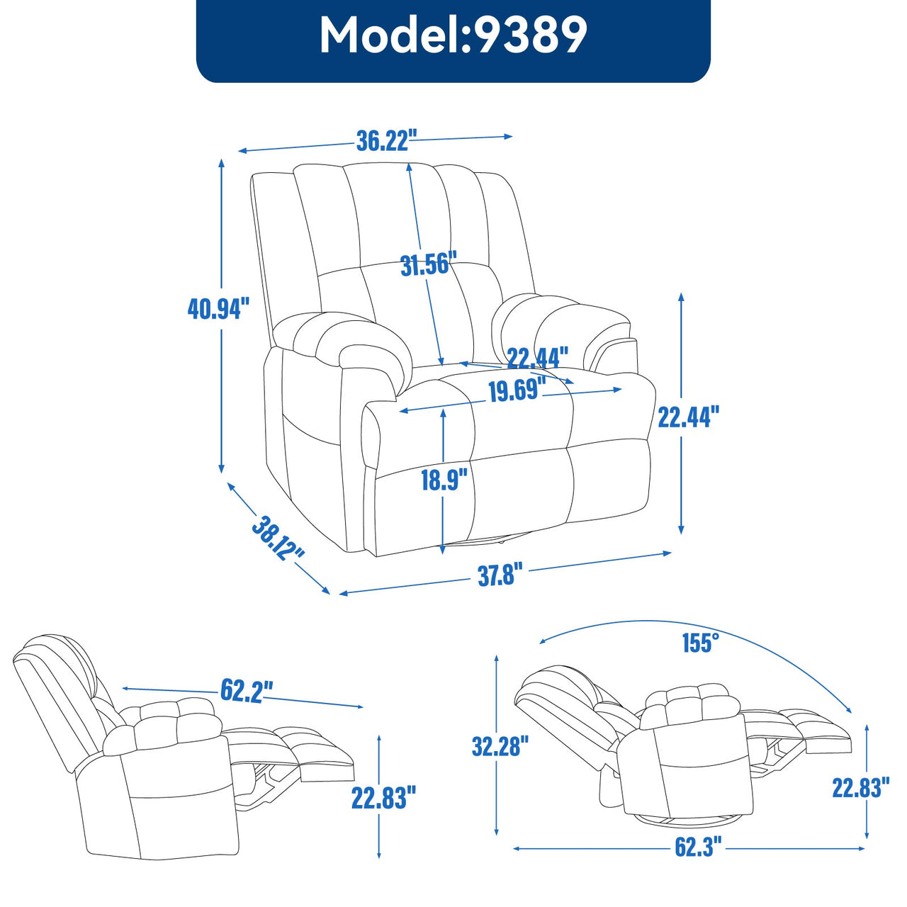 ZENQUORA 38" Swivel Rocking Recliner Chair