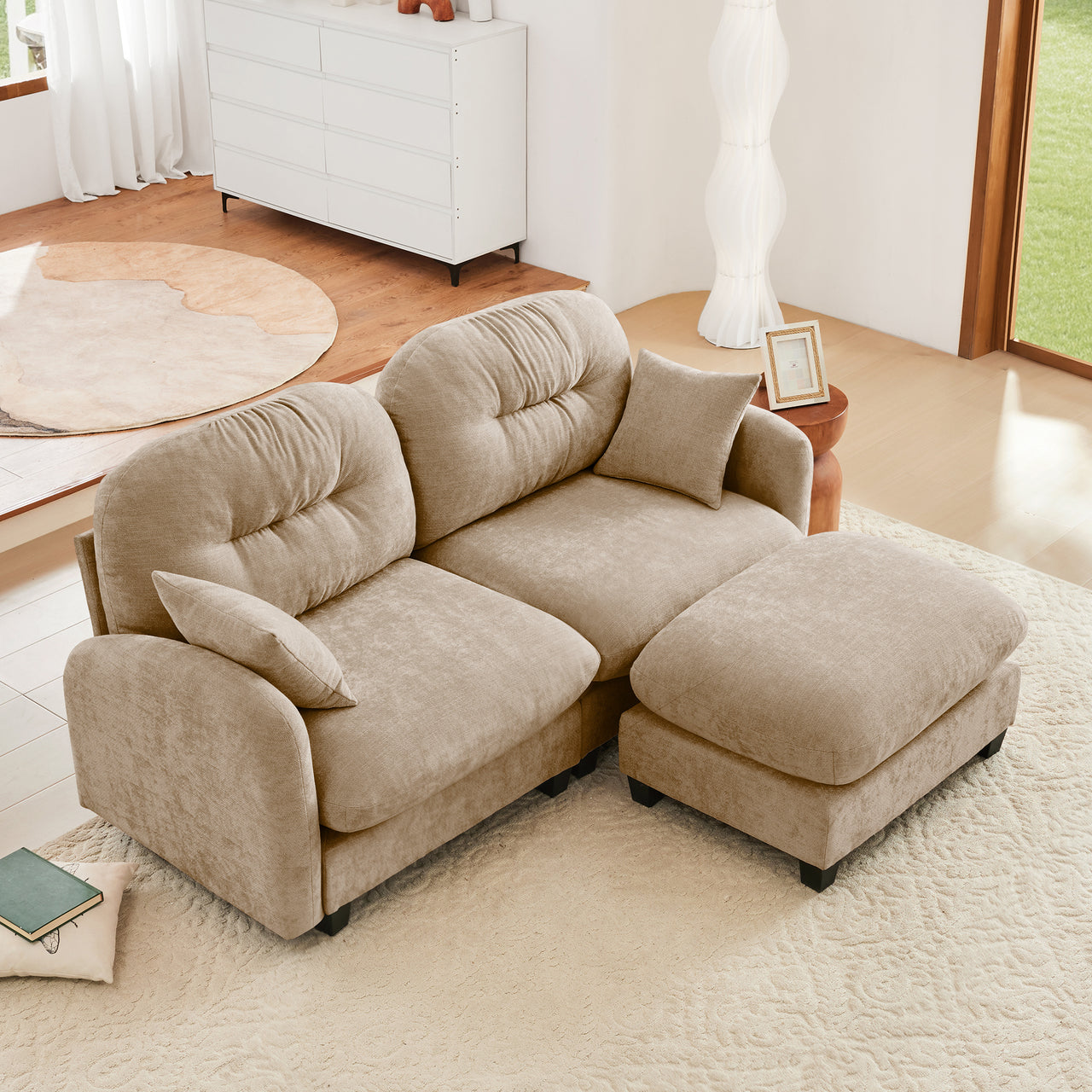 Nuvia Sofa Ama Cloud Sectional L-Shaped Couch With Ottoman,Soft Chenille Fabric,Tufted Cushion Backrest Design  High-Density Foam,Fits Bedrooms Living Rooms Reading Nooks,Camel