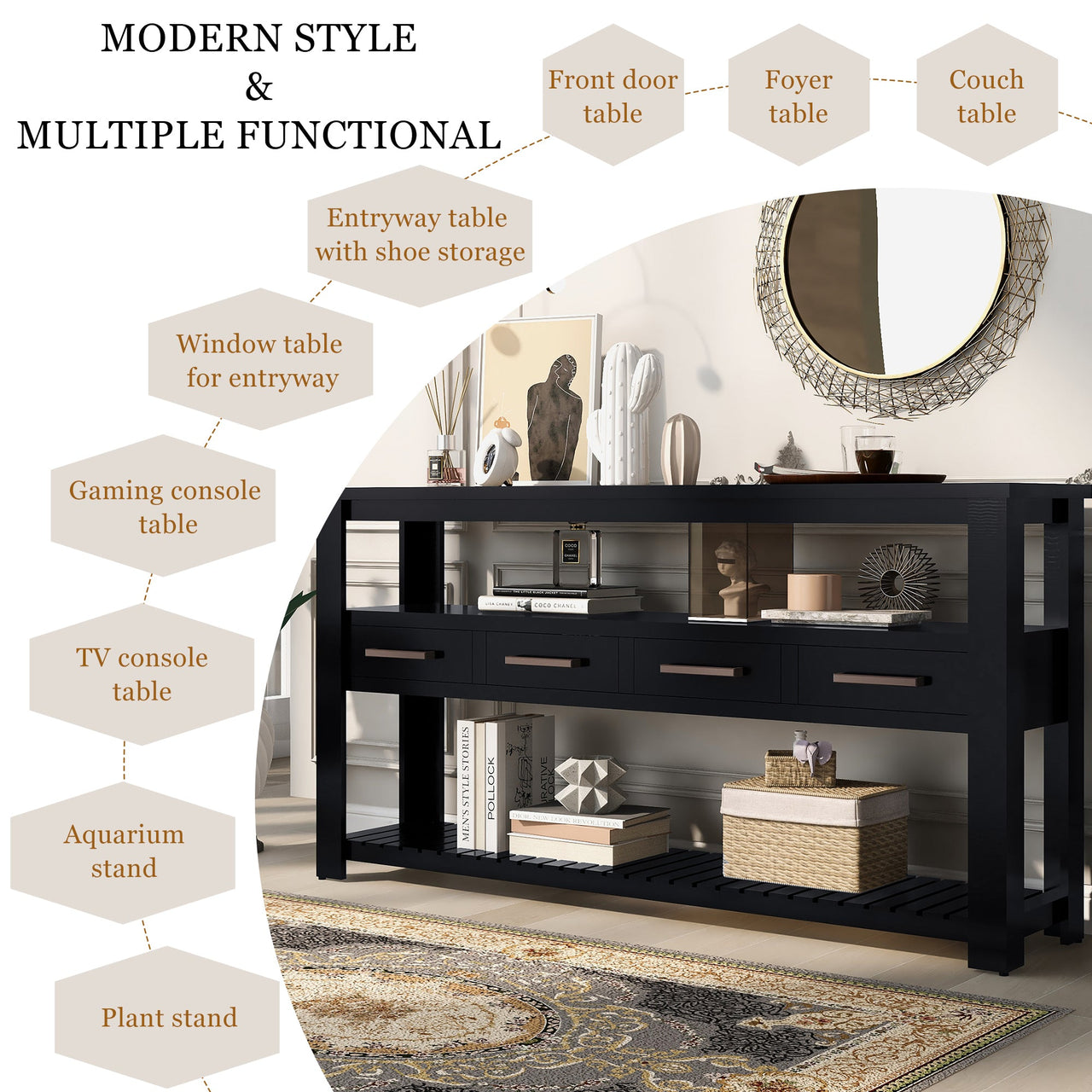 U_STYLE Modern Console Table Sofa Table for Living Room with 4 Drawers and 2 Shelves