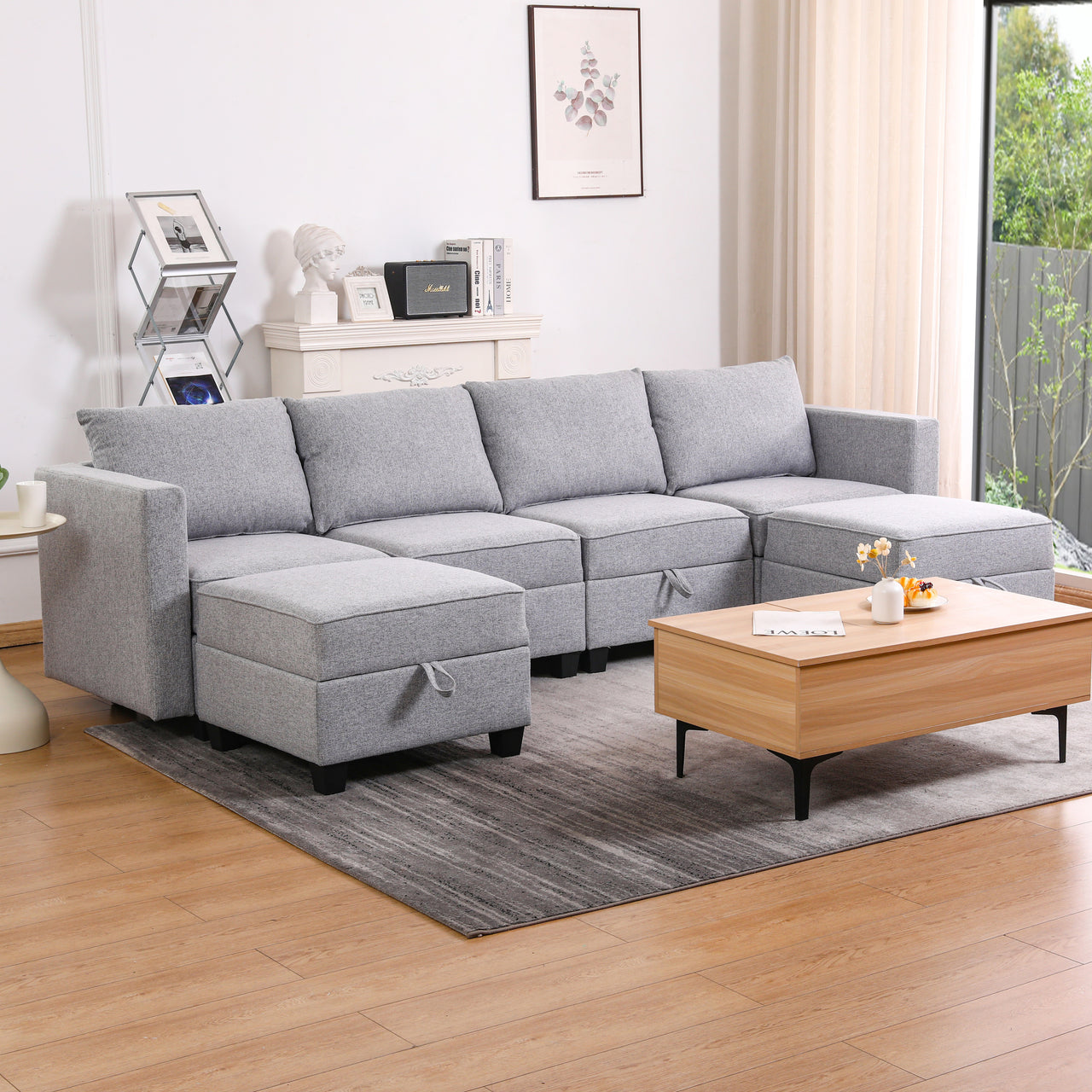 Convertible Modular Sectional Sofa Couch with Storage Seat U Shaped 4-Seat Sofa Couch with Reversible Chaise Modular Sectional Fabric Light Grey