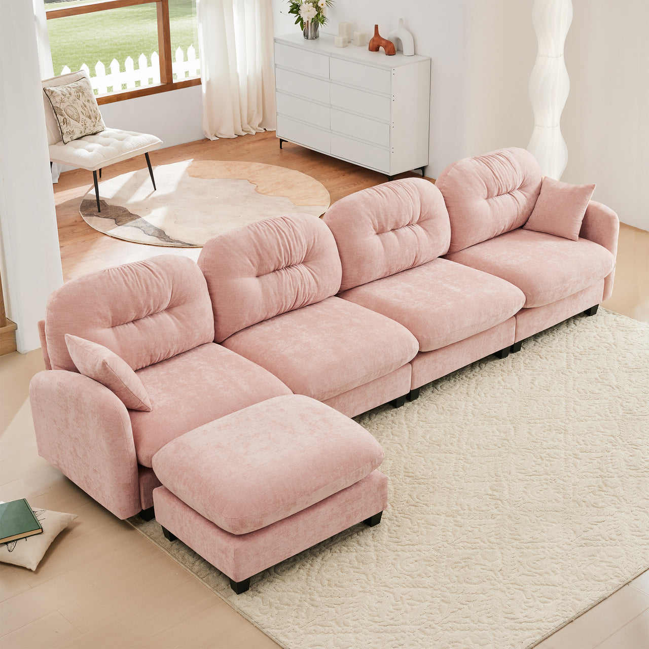Nuvia Sofa Ama Modular Sectional L Shaped Couch With Ottoman,Soft Chenille Fabric,Ergonomic Design,Tufted Cushion Backrest Design,High Quality Wooden Base Easy Install,Fits Bedrooms Living Rooms Reading Nooks,Pink