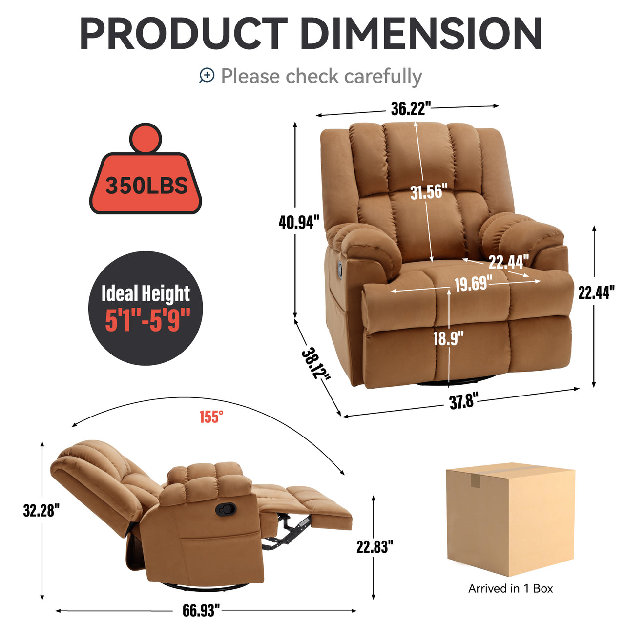 ZENQUORA 38" Swivel Rocking Recliner Chair