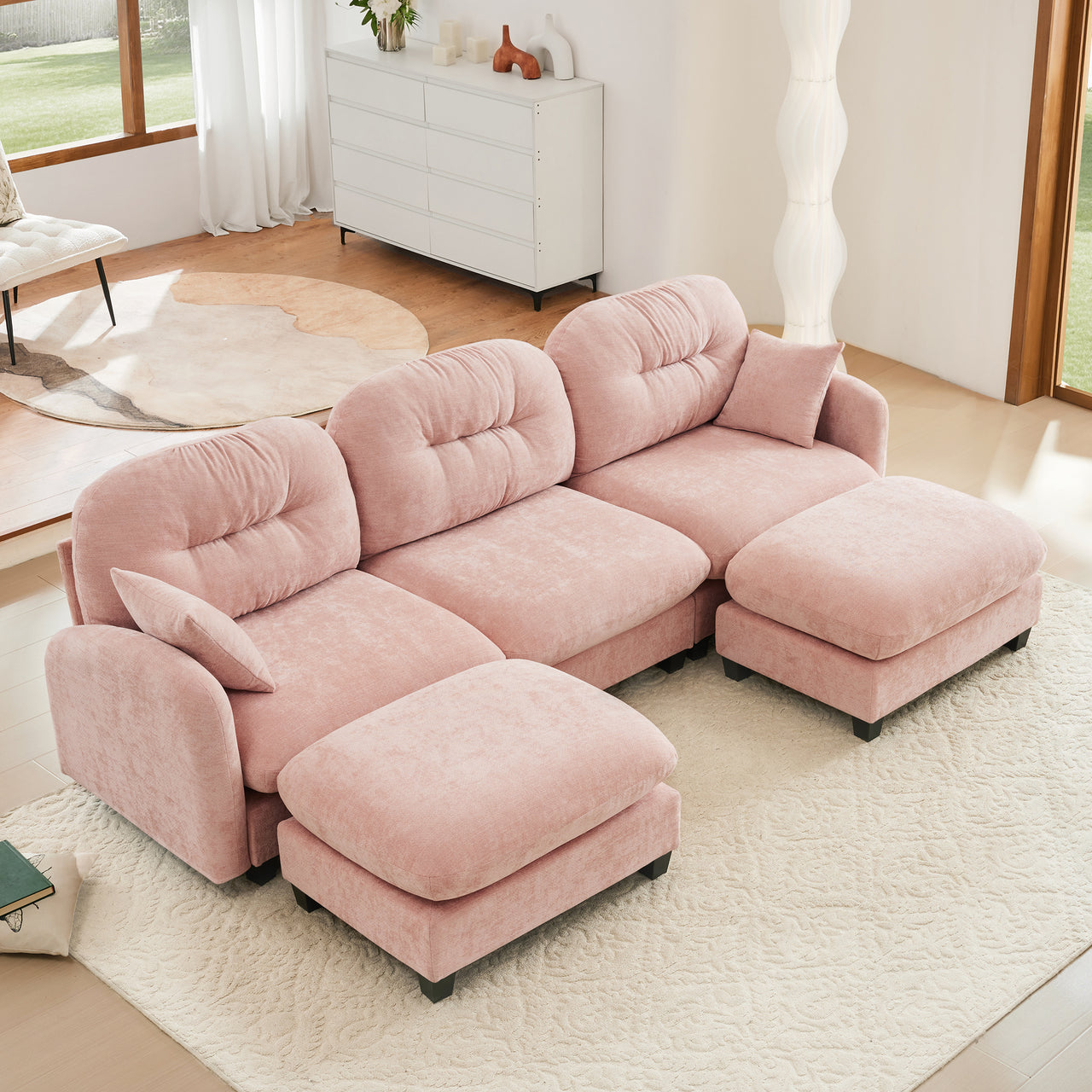 Nuvia Sofa Ama Modular Sectional U Shaped Couch With Ottoman,Premium Chenille Fabric,With 2 Throw Pillows,High-Density Foam Tufted Cushion Backrest Design,Easy Install,Fits Bedrooms,Reading Nooks,Pink