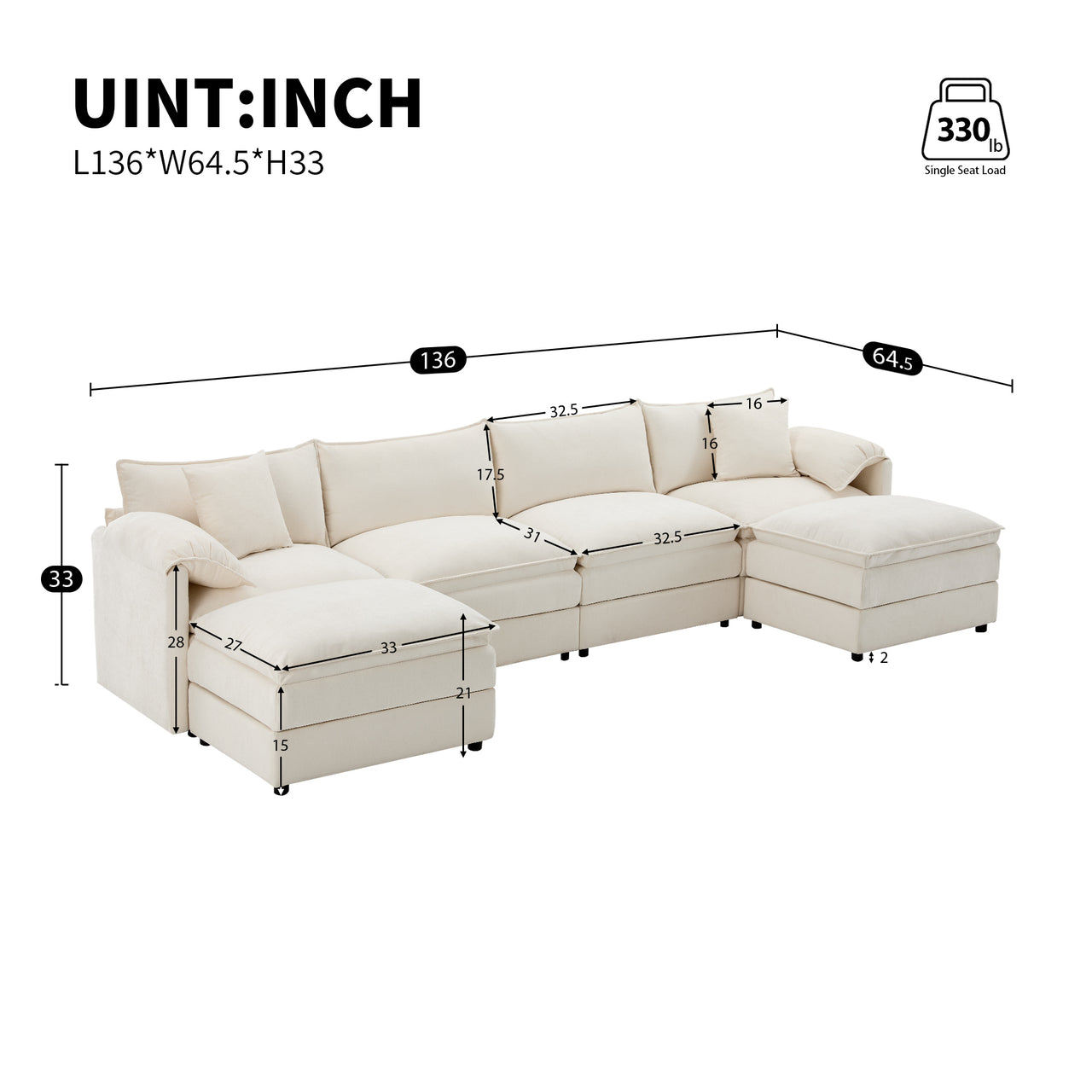 ZENOVAR 136" 6-Seat Sectional Sofa