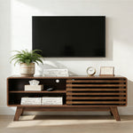 TV Stand with Storage, Entertainment Center with Slatted Sliding Door, Mid Century Modern TV Stand, Farmhouse Media Console for Living Room (Walnut, 46')