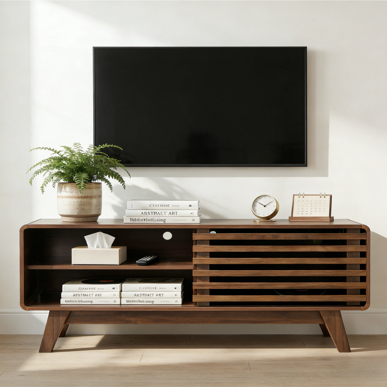 TV Stand with Storage, Entertainment Center with Slatted Sliding Door, Mid Century Modern TV Stand, Farmhouse Media Console for Living Room (Walnut, 46')