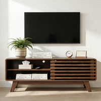 Thumbnail for TV Stand with Storage, Entertainment Center with Slatted Sliding Door, Mid Century Modern TV Stand, Farmhouse Media Console for Living Room (Walnut, 46')