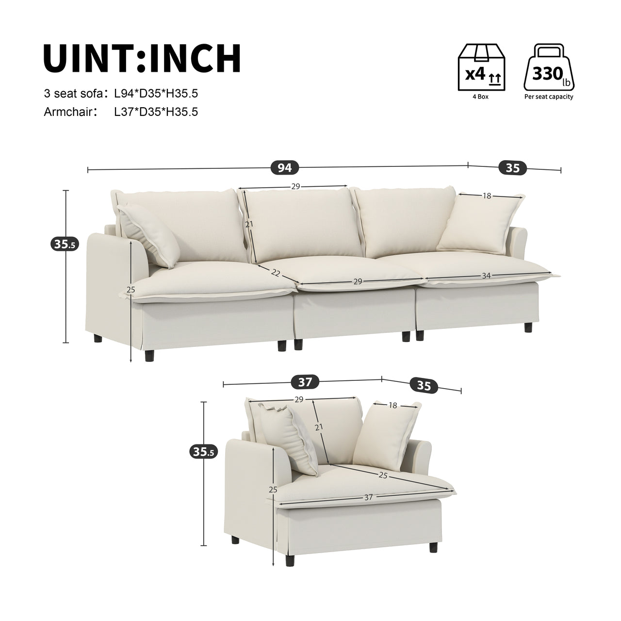 SYNOVI 94" Sectional Sofa 4-Seats