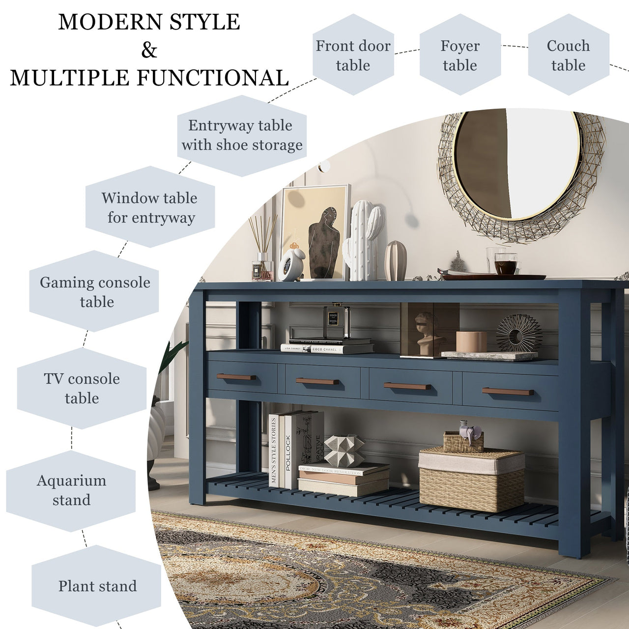 U_STYLE Modern Console Table Sofa Table for Living Room with 4 Drawers and 2 Shelves