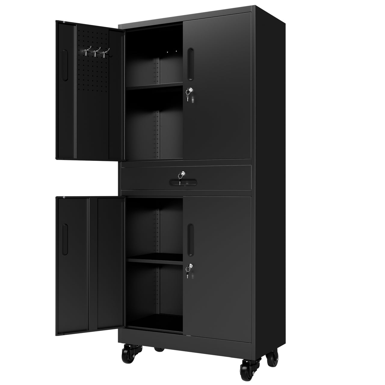 Metal Storage Cabinet with Drawer, 71' Garage Cabinet with Locking Doors and 2 Adjustable Shelves, Heavy Duty Tool Cabinet with Pegboard, 8 Hooks & Rolling Wheels for Home Office Utility