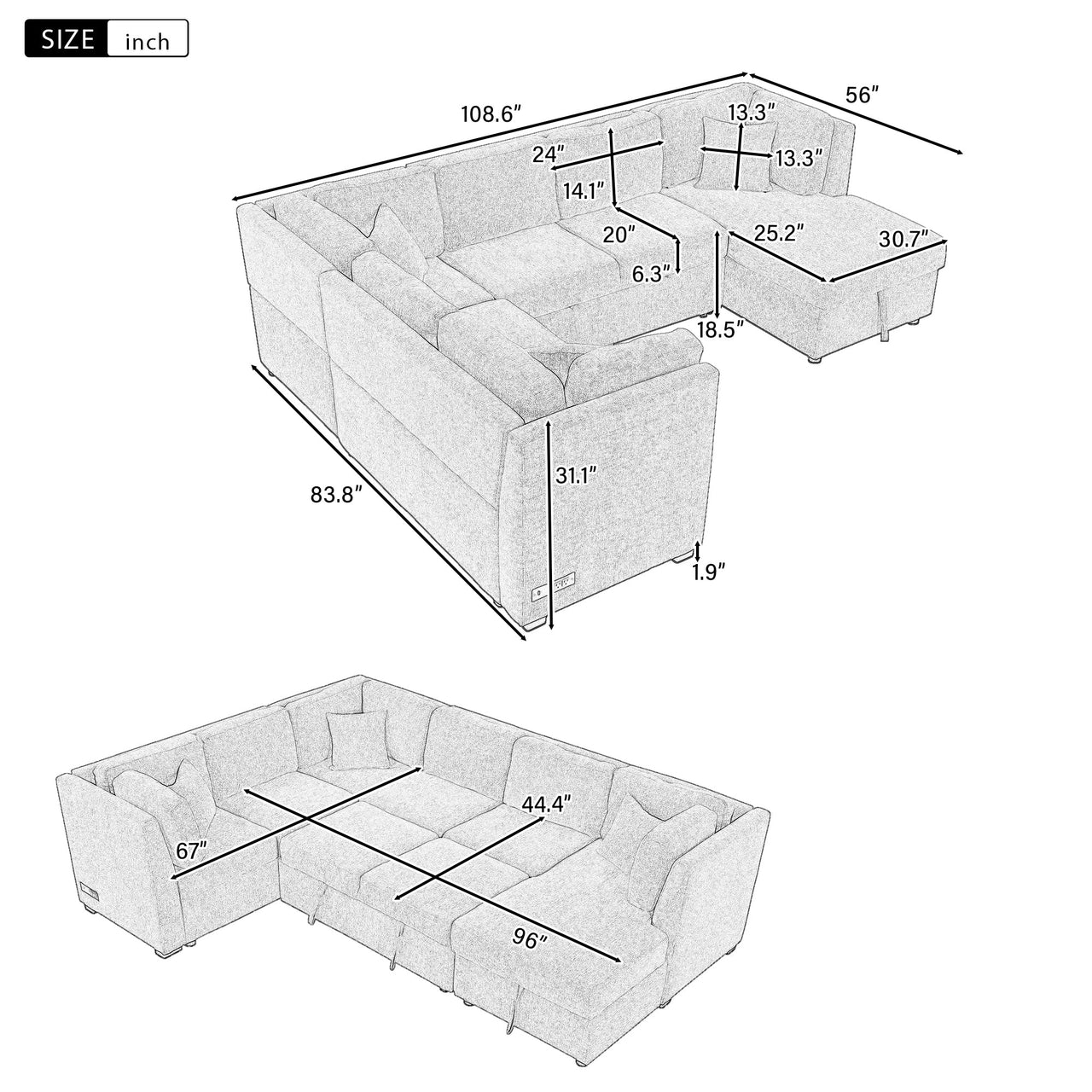 CAVOREX 109" Sectional Sofa