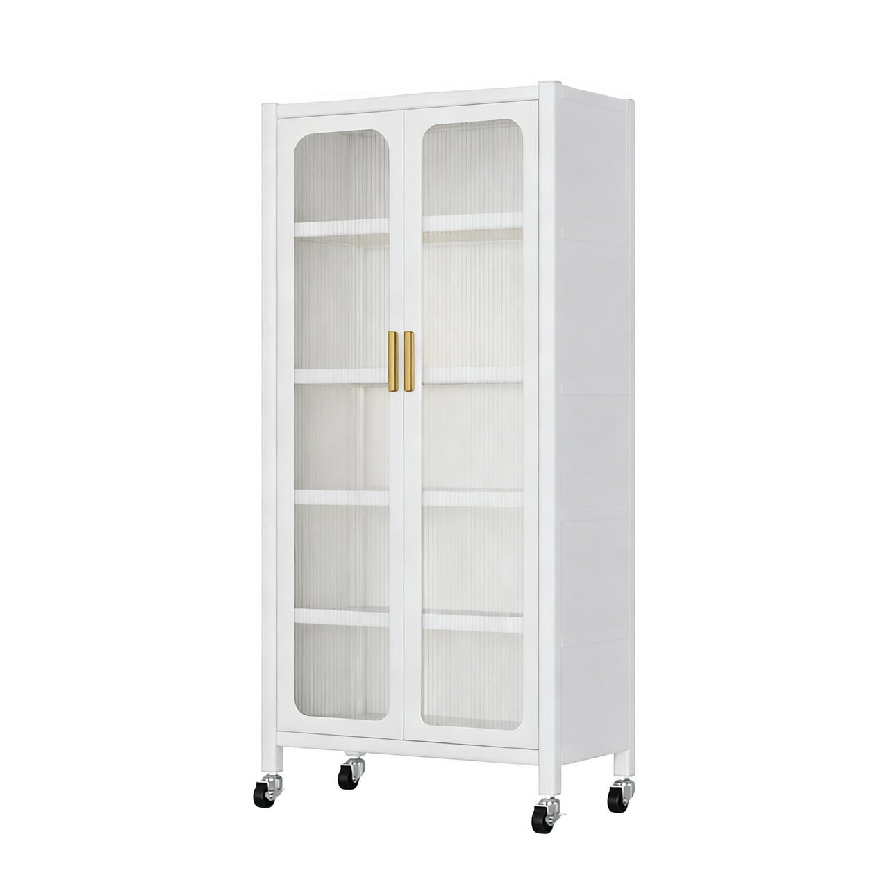 65'  Metal 6-Tier Storage Cabinet with Transparent Door, Adjustable Shelves & Wheels, for Kitchen Pantry Organization, White Metal