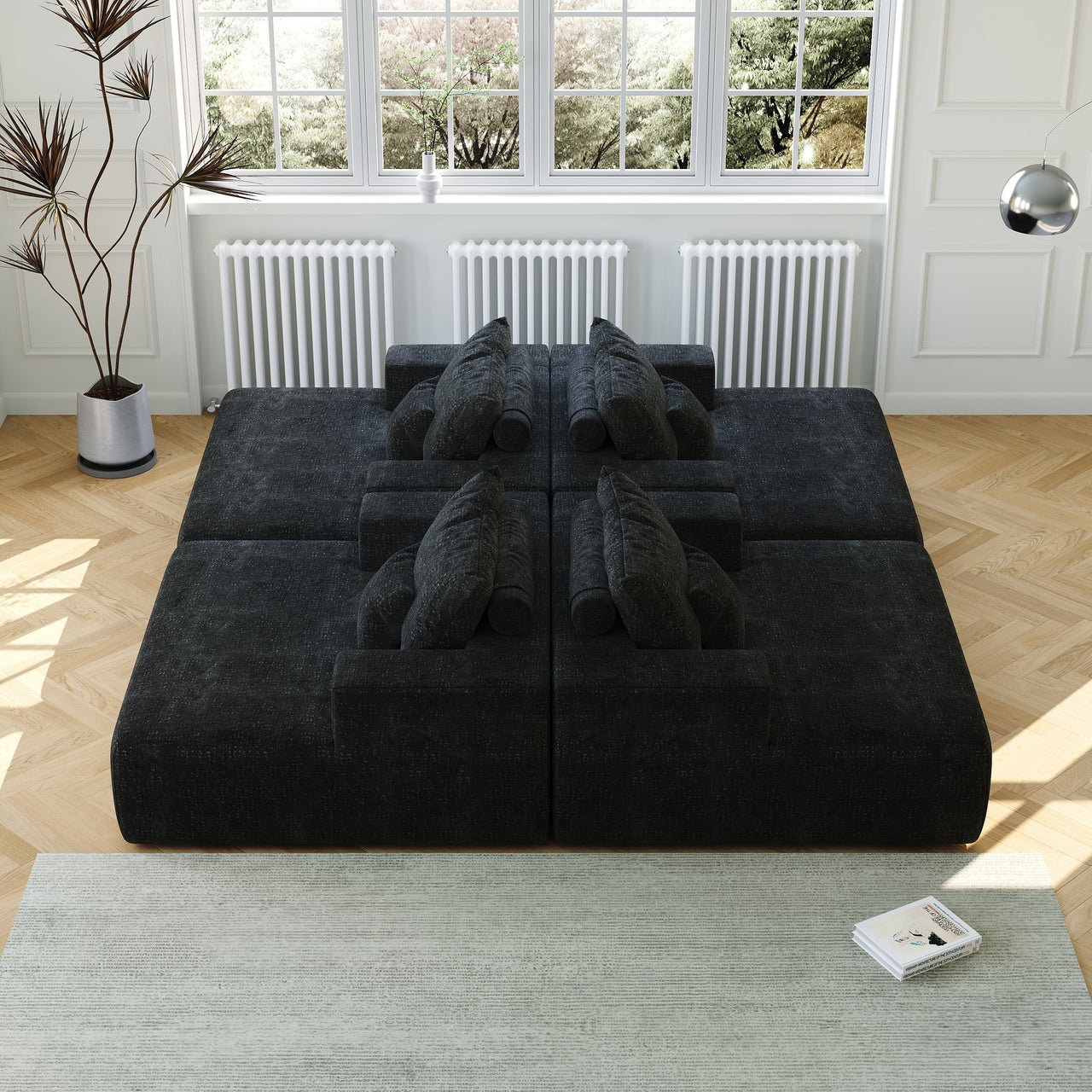 Teal/greenish-blue modular armrest with matching cushions, side view