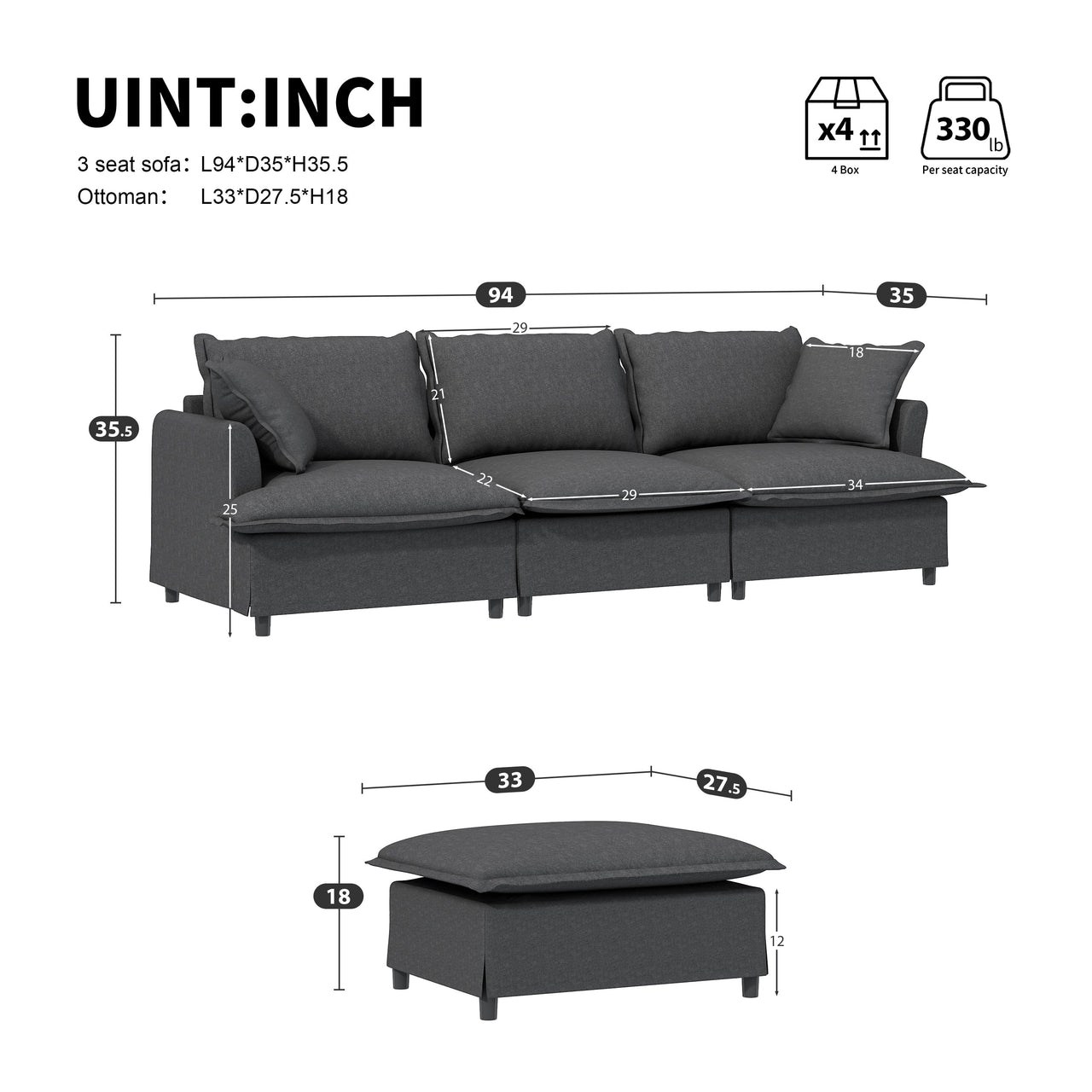 SYNOVI 94" Sectional Sofa 3-Seat & 1-ottoman