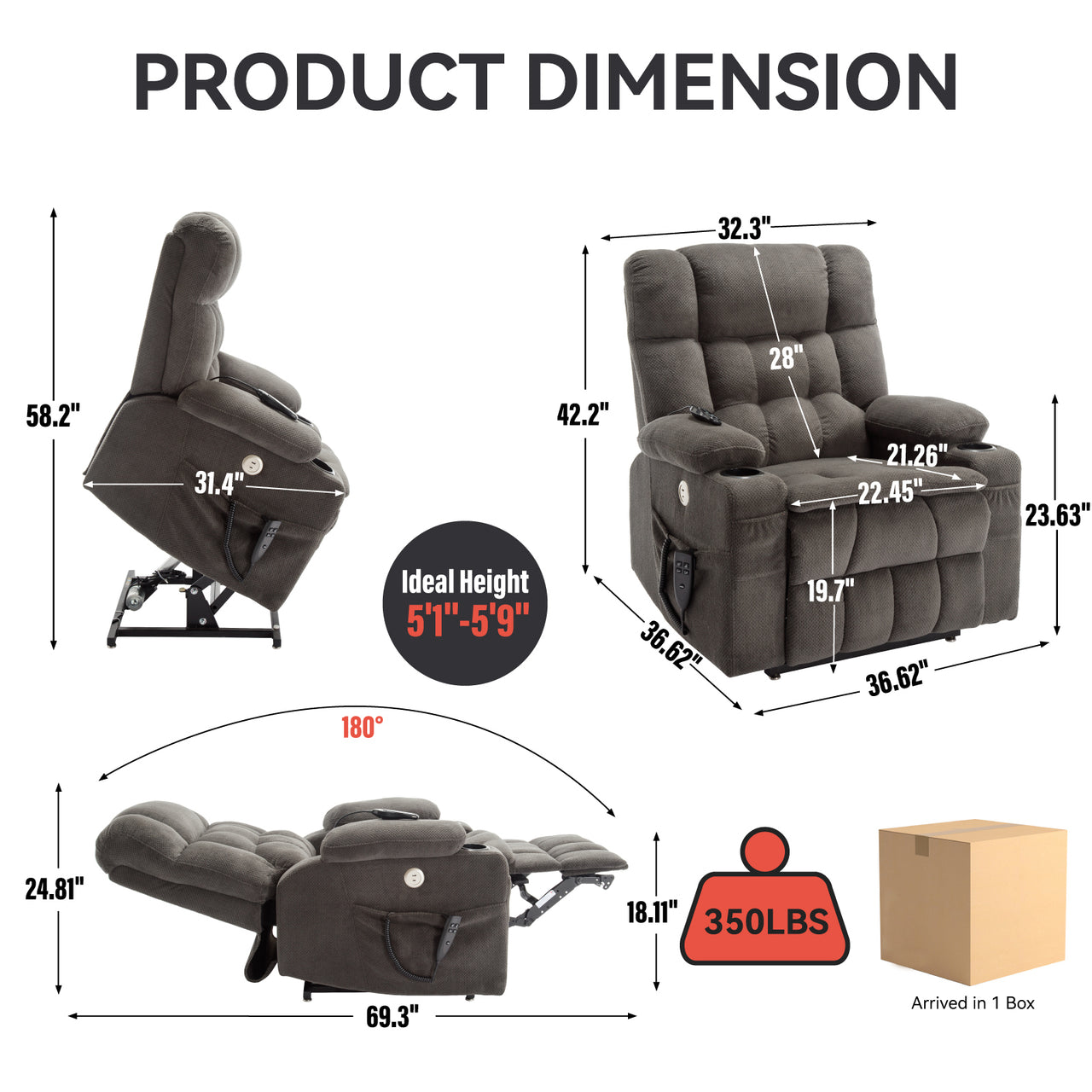 COZYLift 37" Recliner with Heat Massage - 8013